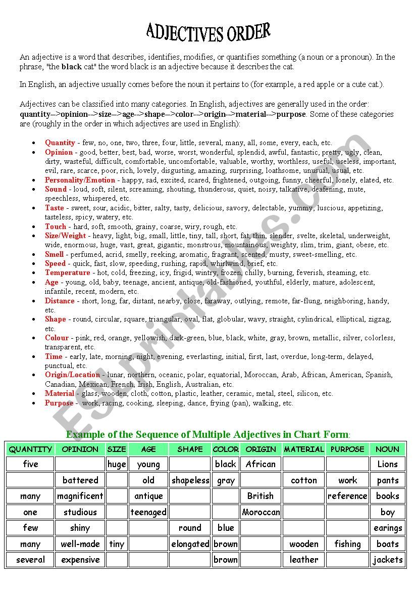 ADJECTIVES ORFDER worksheet