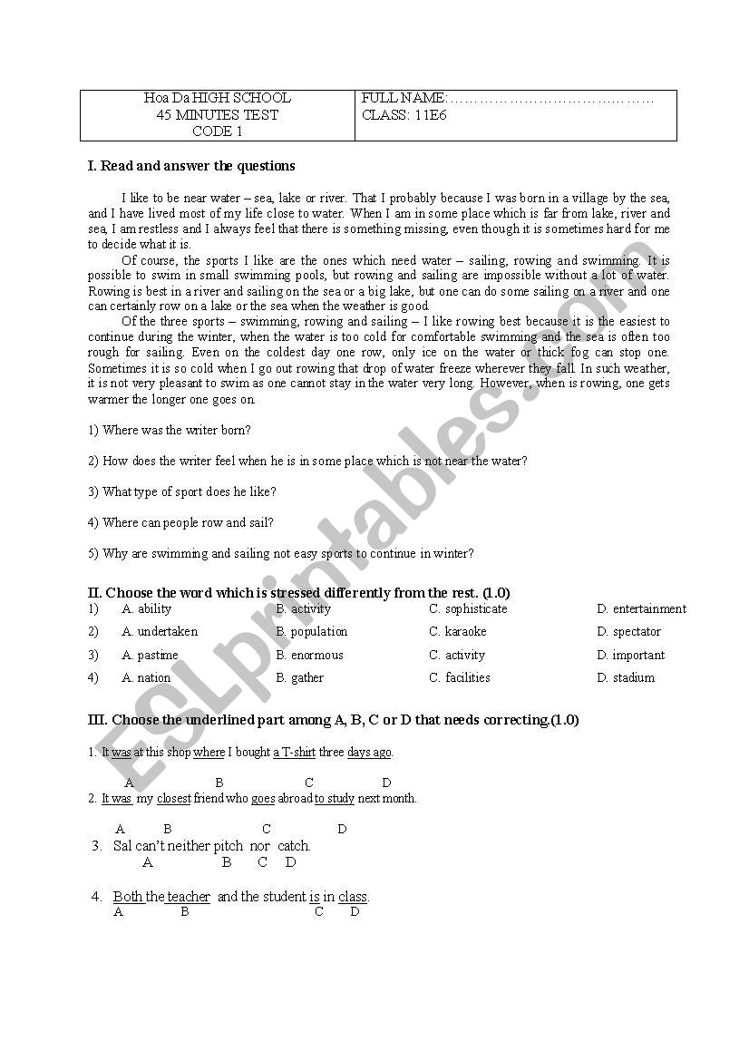 reading, grammar test worksheet
