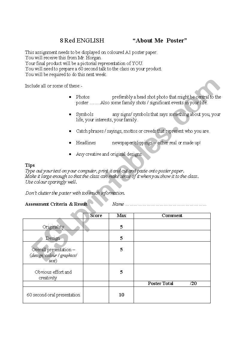 About Me Poster worksheet