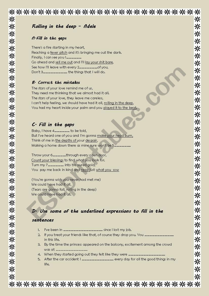 Rolling in the deep Adele worksheet