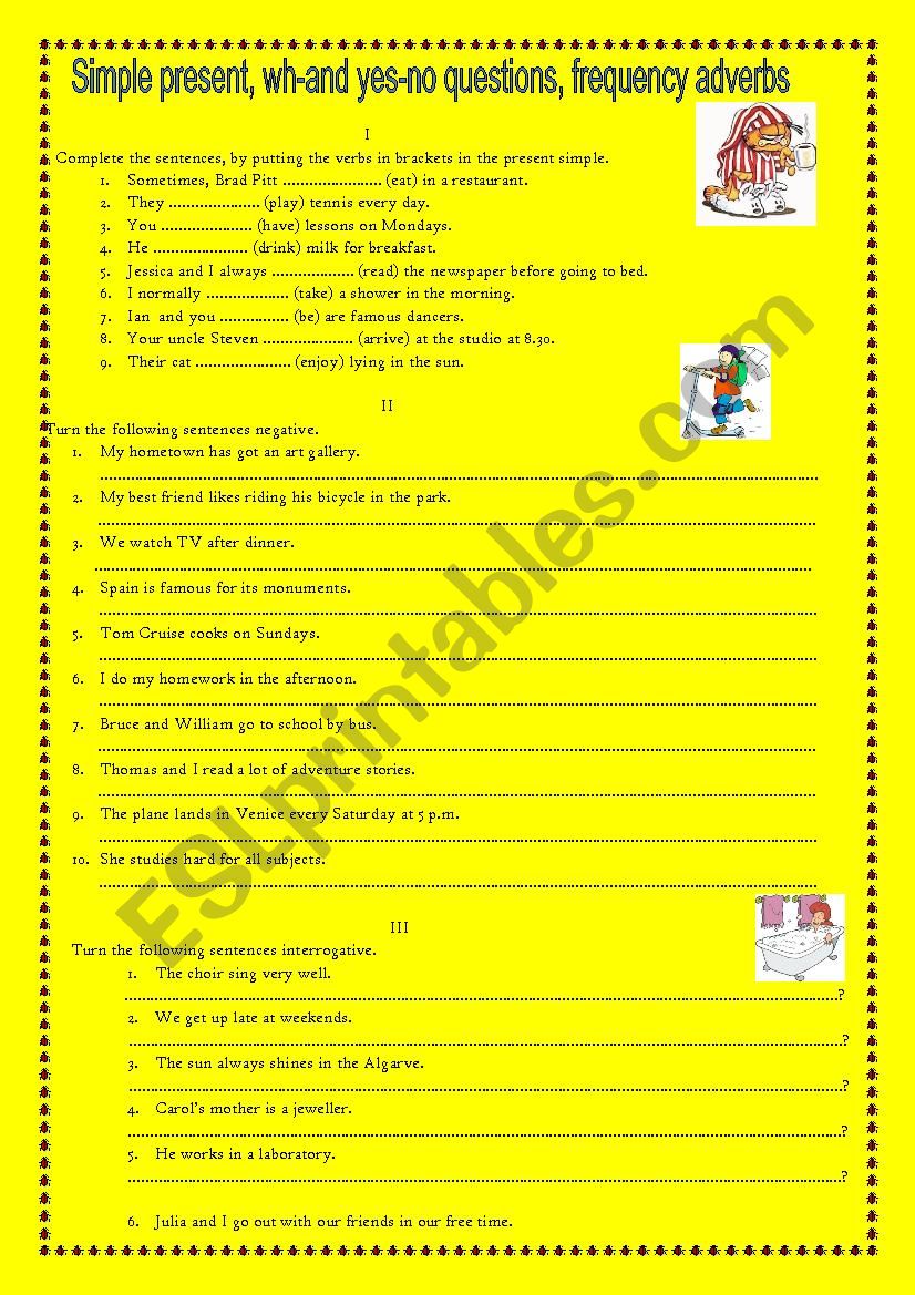 Worksheet about the Present Simple, yes-no questions, wh-questions and frequency adverbs