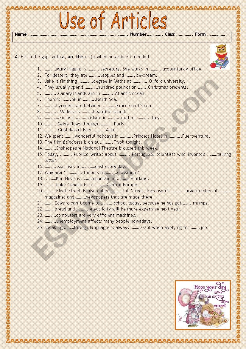 Use of articles worksheet
