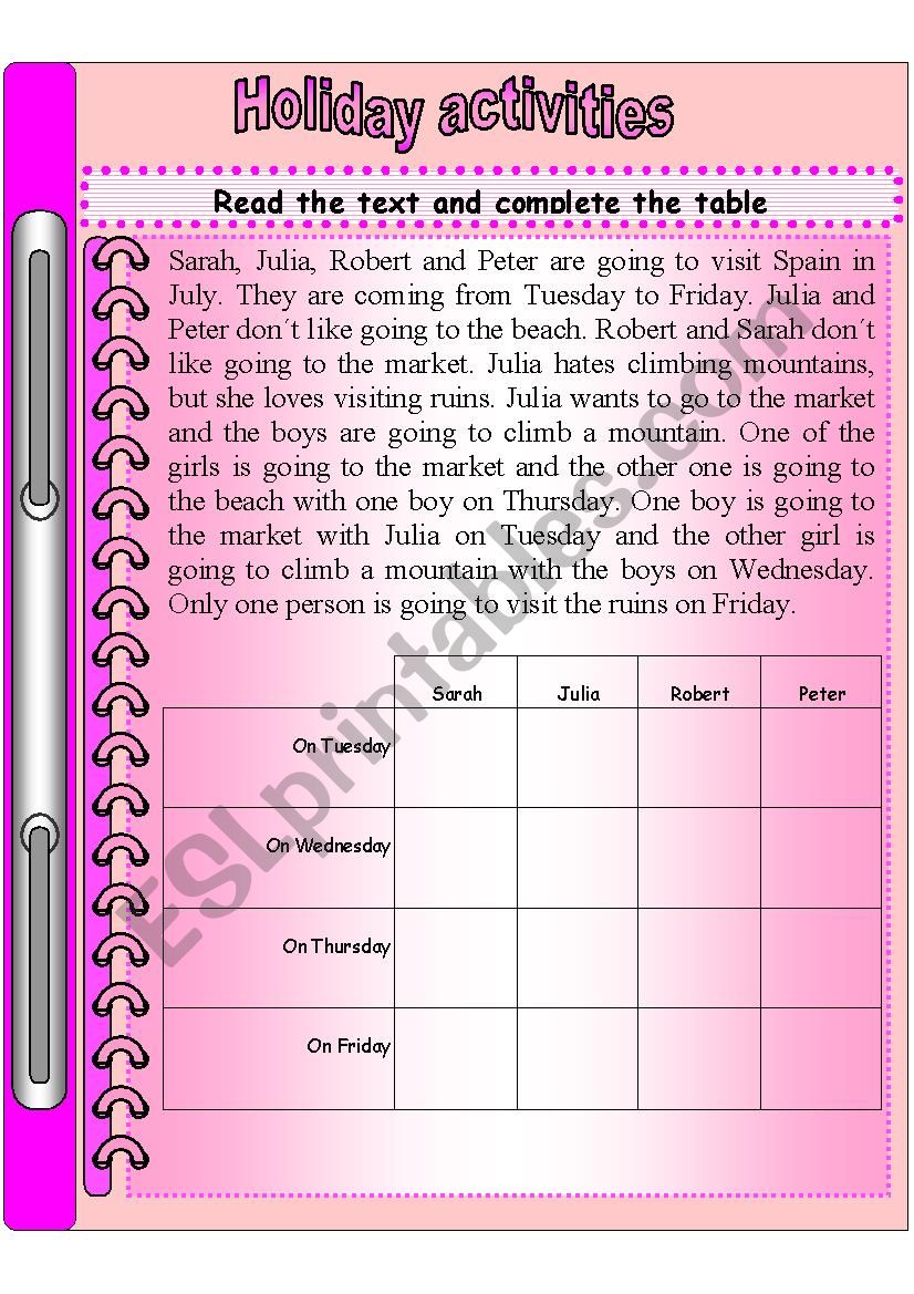 Holiday activities worksheet