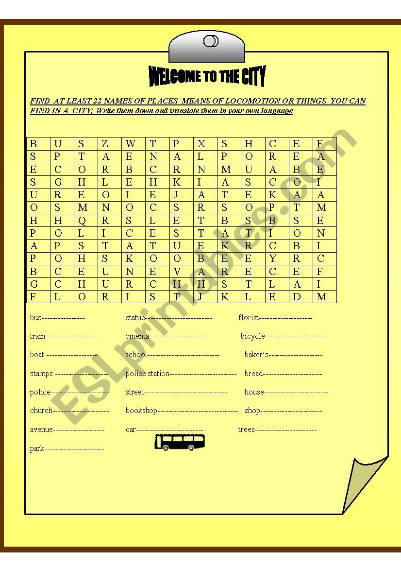 WELCOME TO THE CITY worksheet