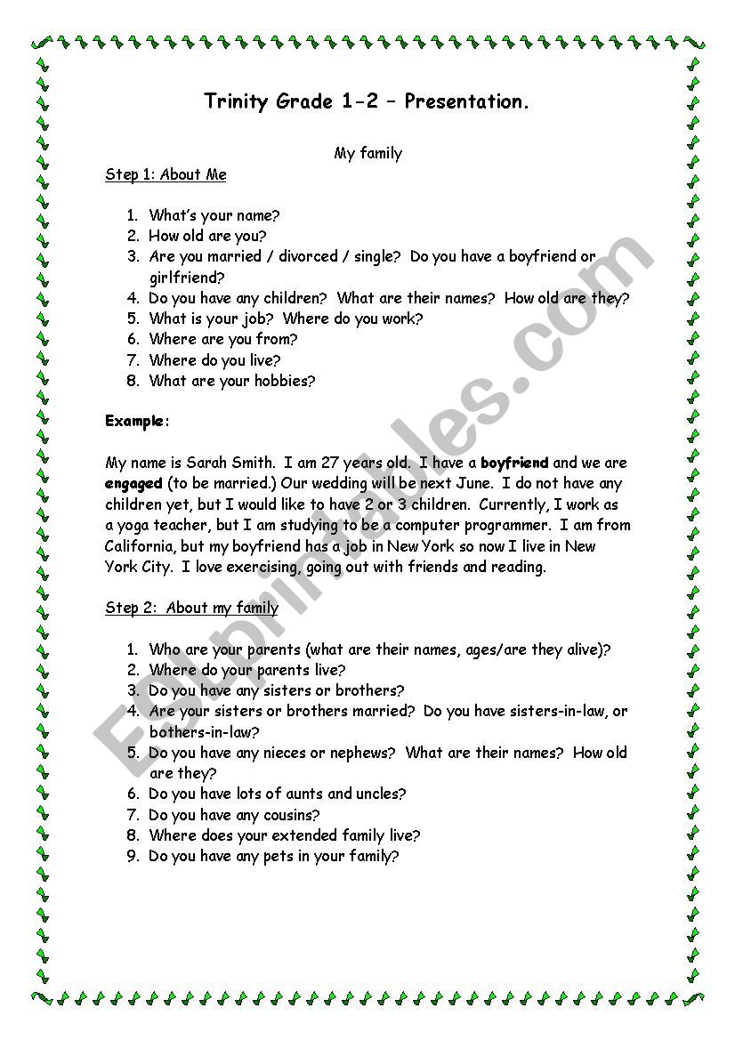 TRINITY GRADE 1 -2  SPEAKING ACTIVITY