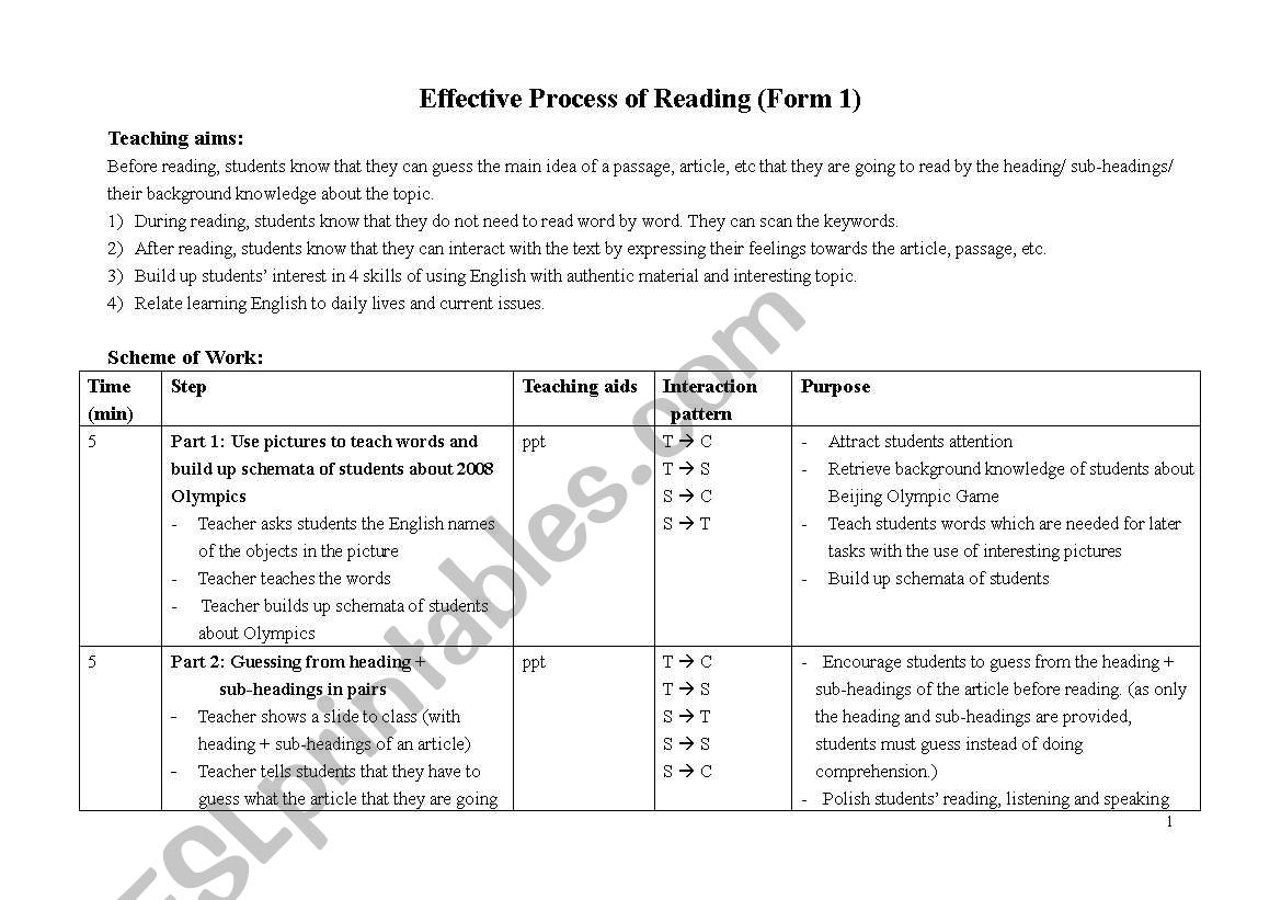 Lesson Plan (Process of Reading : Guessing + Scanning + Reflecting) 