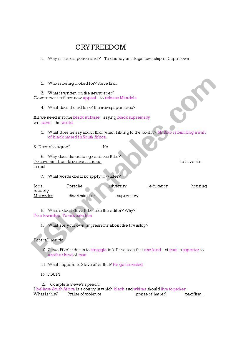 CRY FREEDOM CORRECTION worksheet