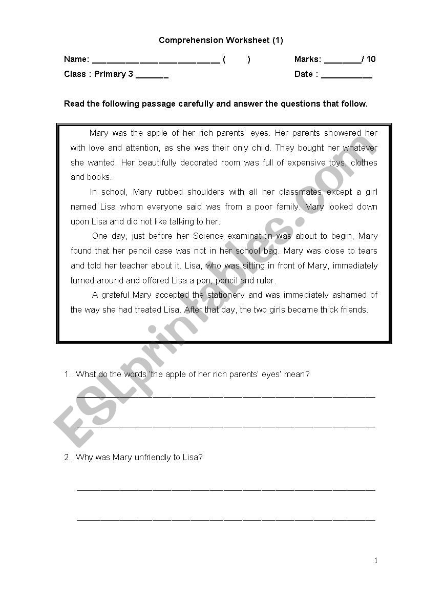 comprehension exercise  worksheet