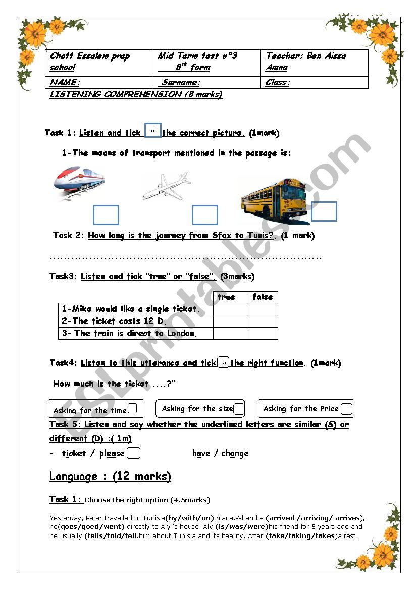 8th form mid term test 3 worksheet