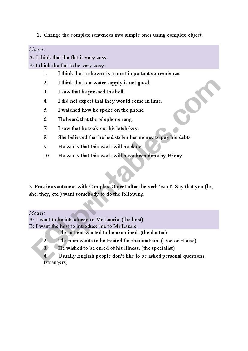 complex object exercises worksheet