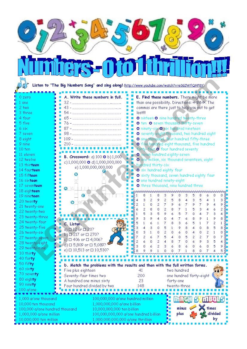 Numbers 1 to 1 thrillion worksheet