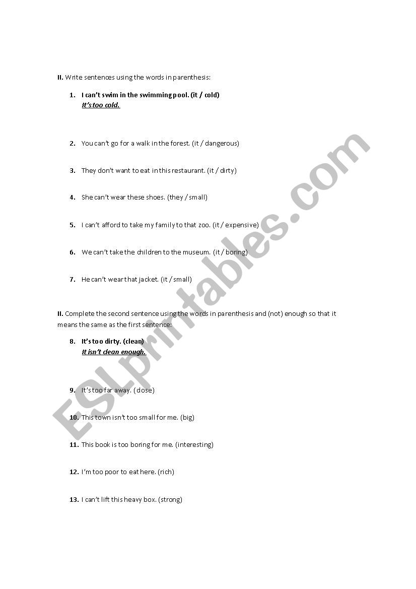 Too VS Enough worksheet