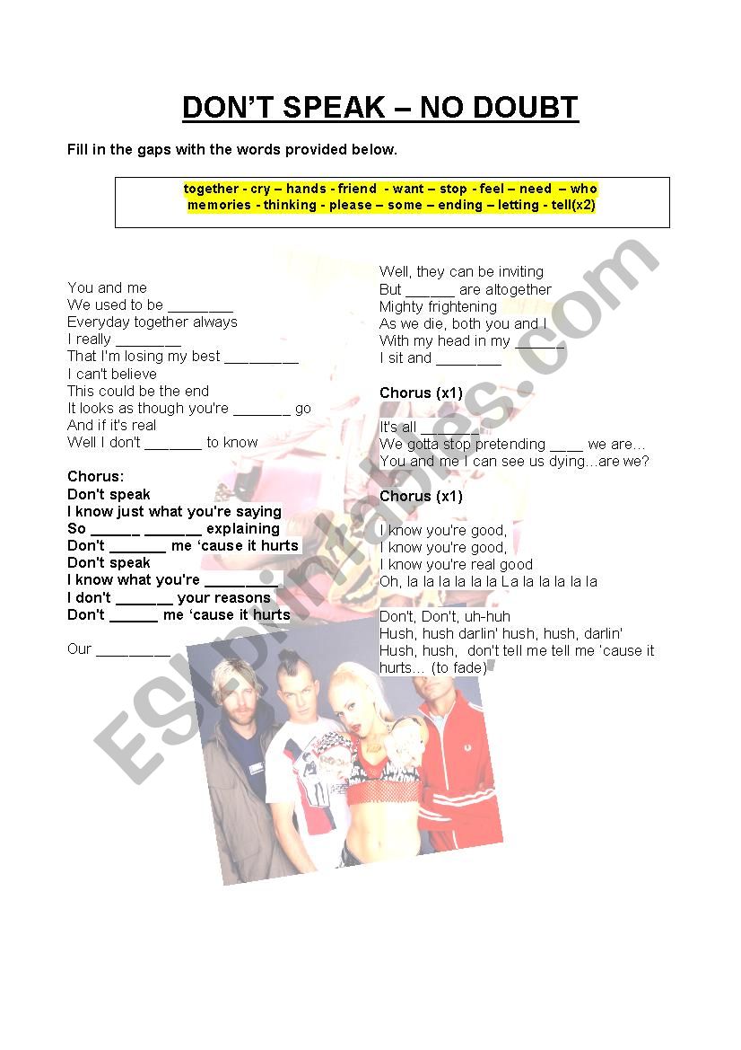 DONT SPEAK - NO DOUBT worksheet