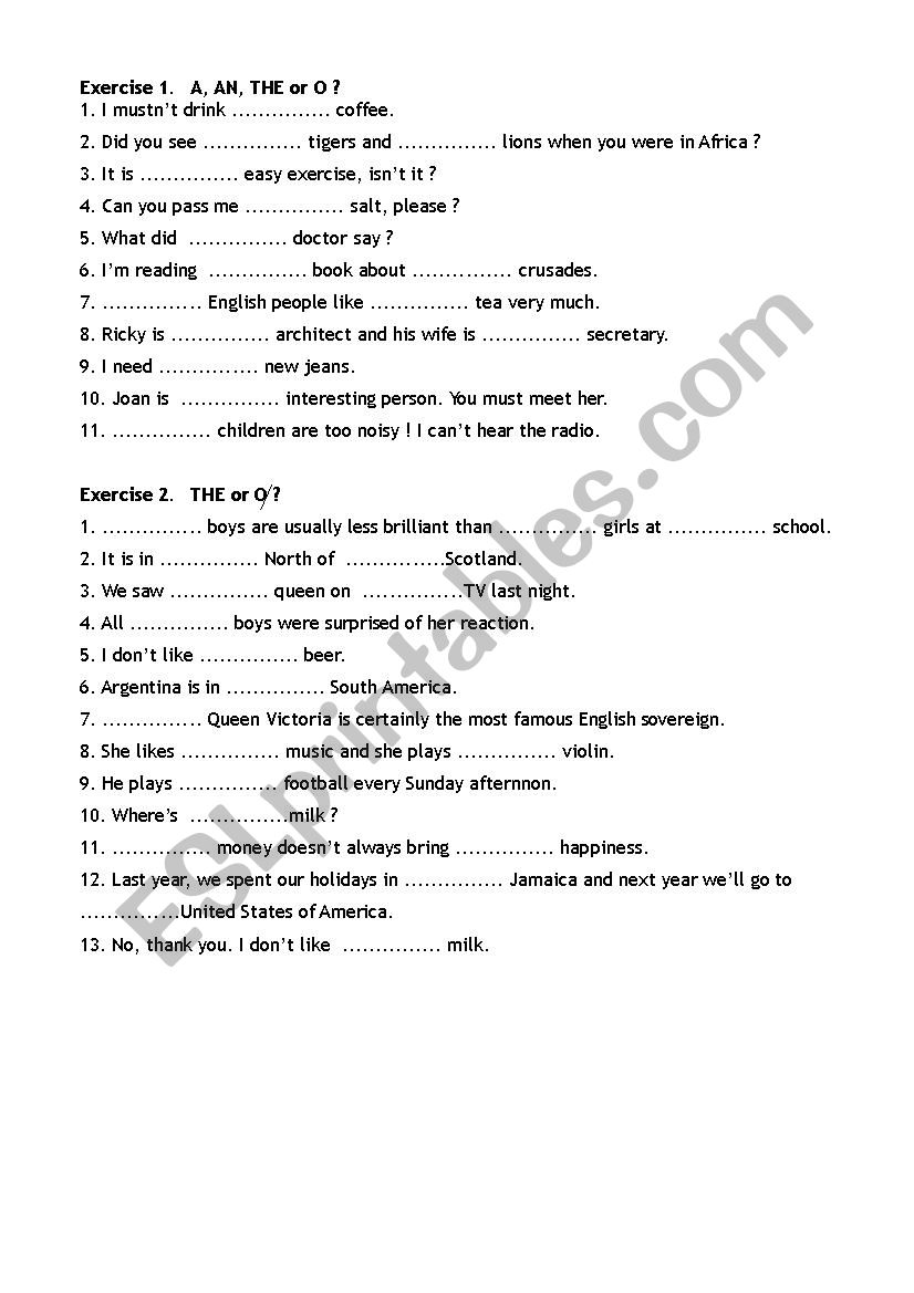 a/an the O worksheet