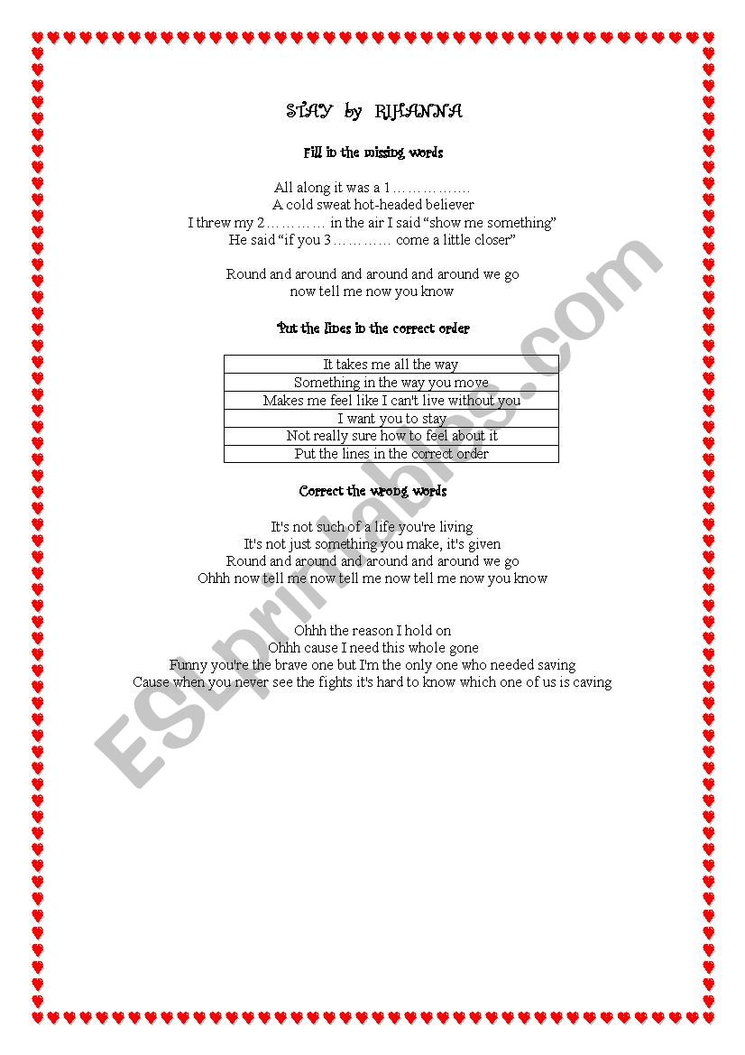Stay Rihanna worksheet