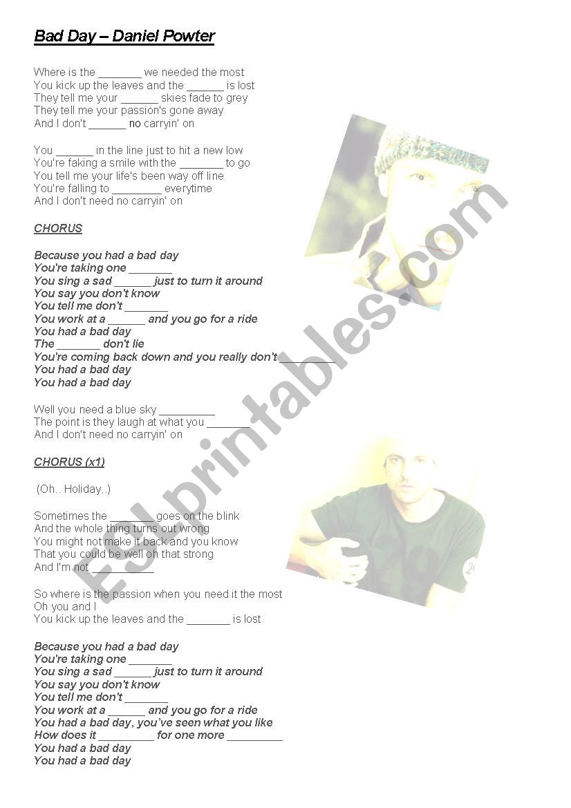 BAD DAY - DANIEL POWTER worksheet