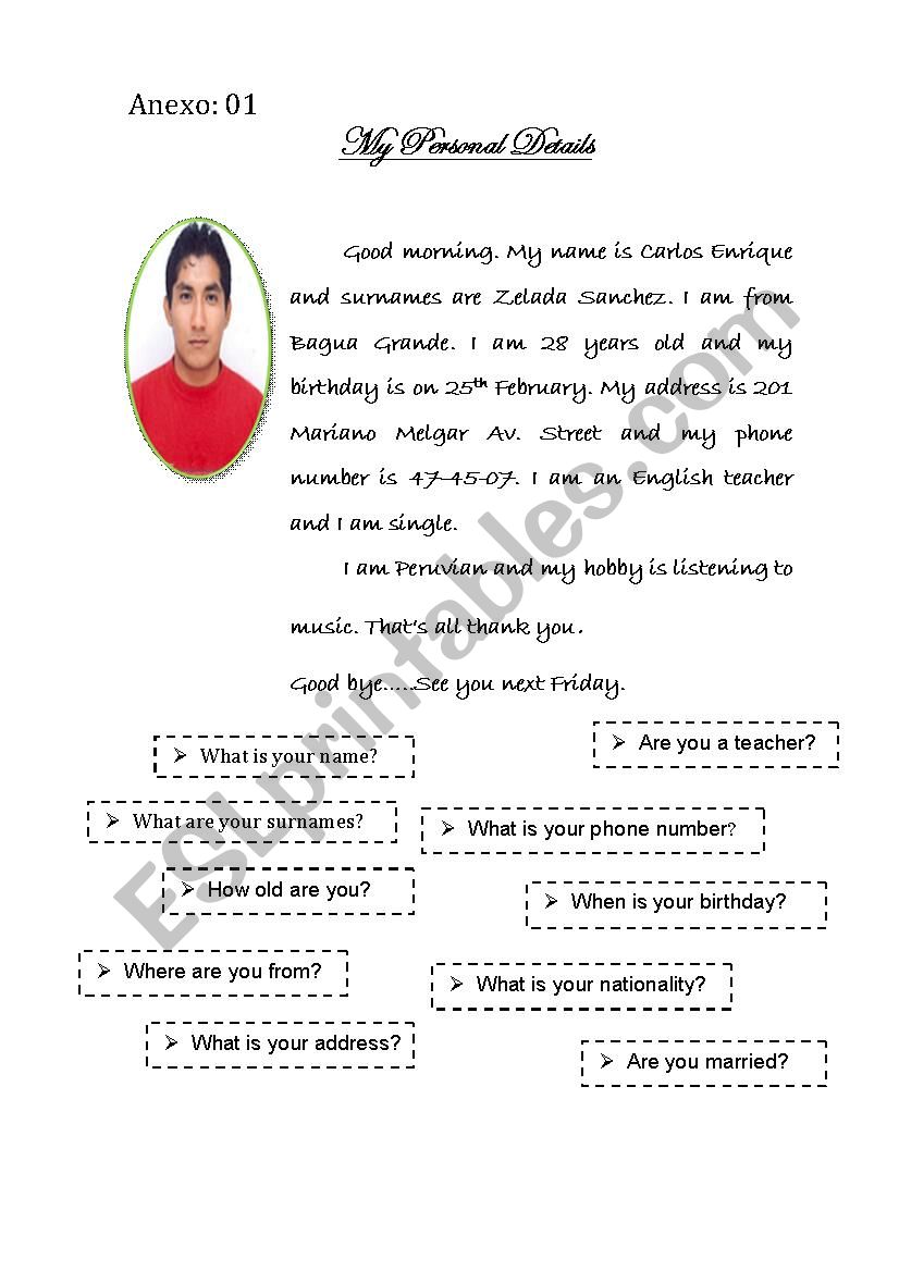 My Personal Details worksheet