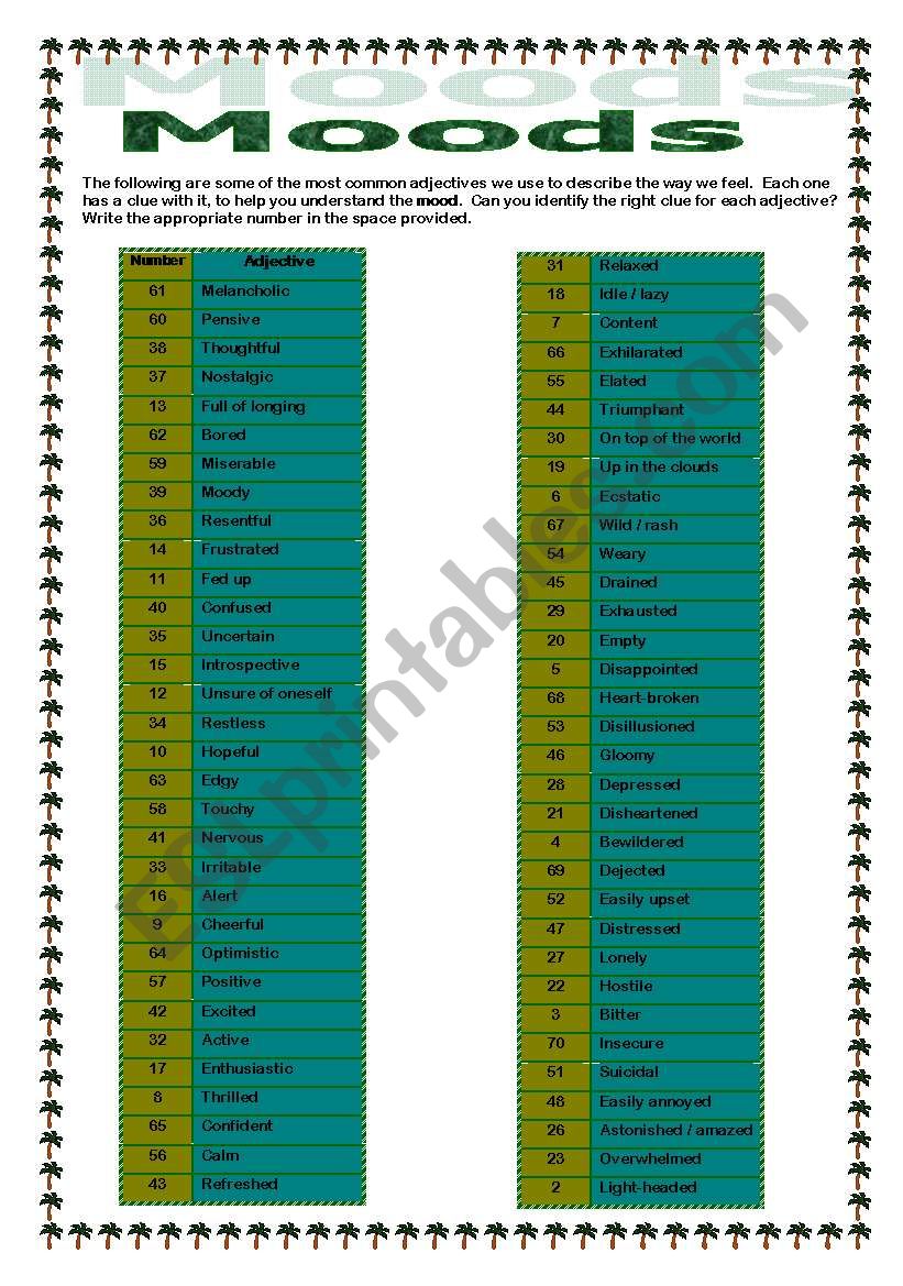 MOODS - Anwswer Key worksheet