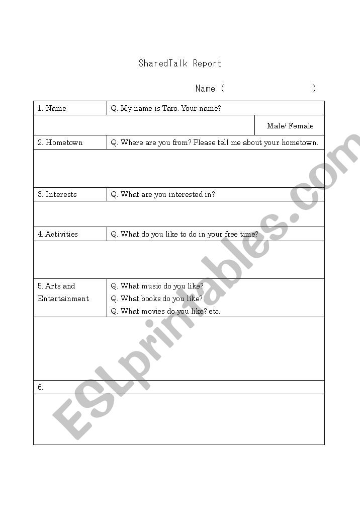 Shared Talk report worksheet