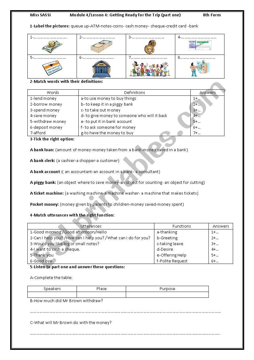 Getting Ready for the trip worksheet