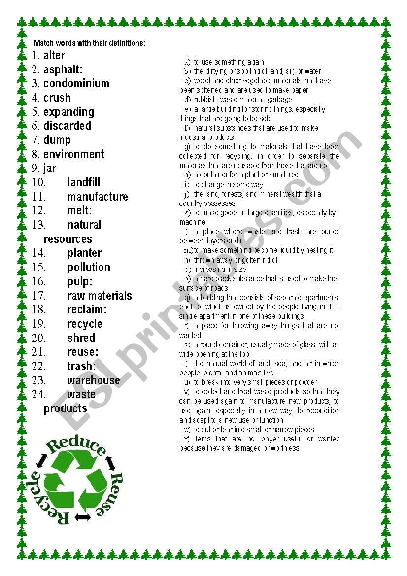 recycling matching worksheet