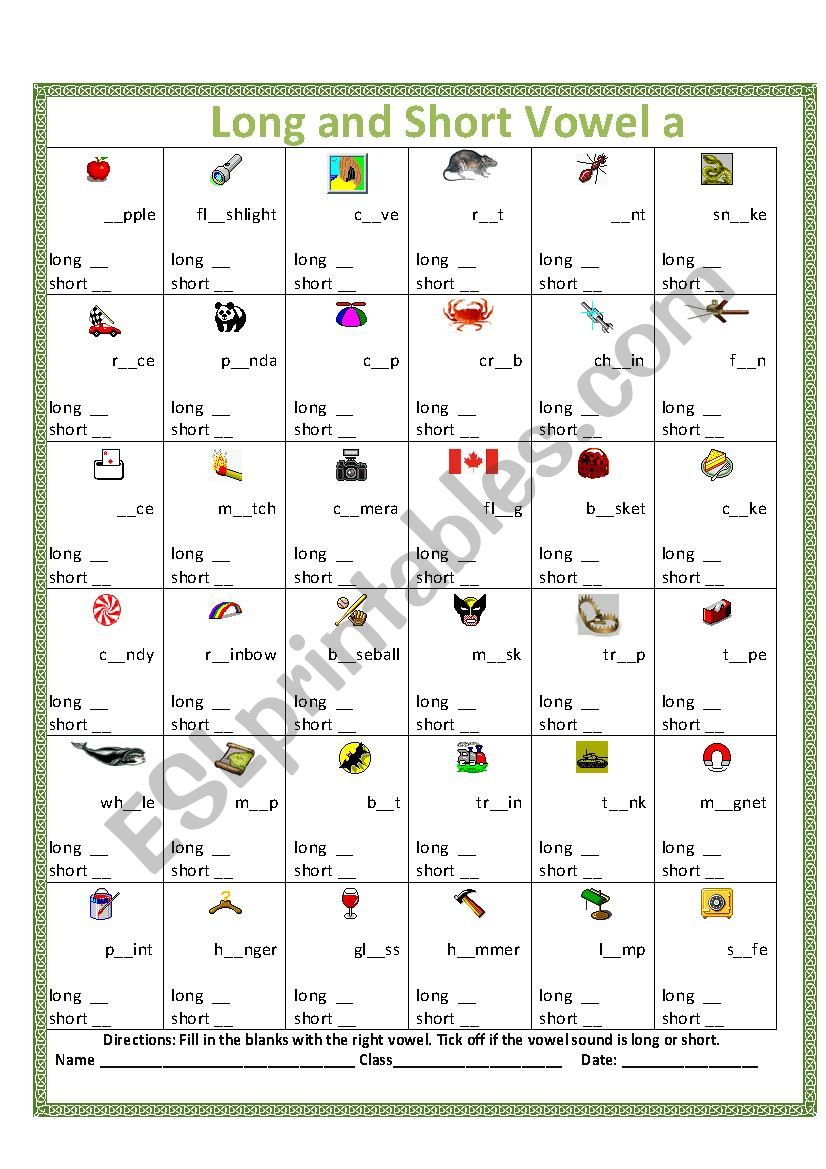 Short and Long a 48 icons worksheet