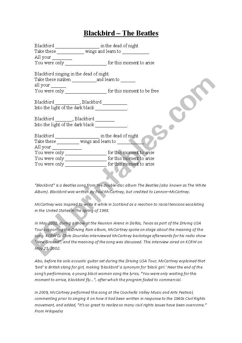 Blackbird - the Beatles worksheet