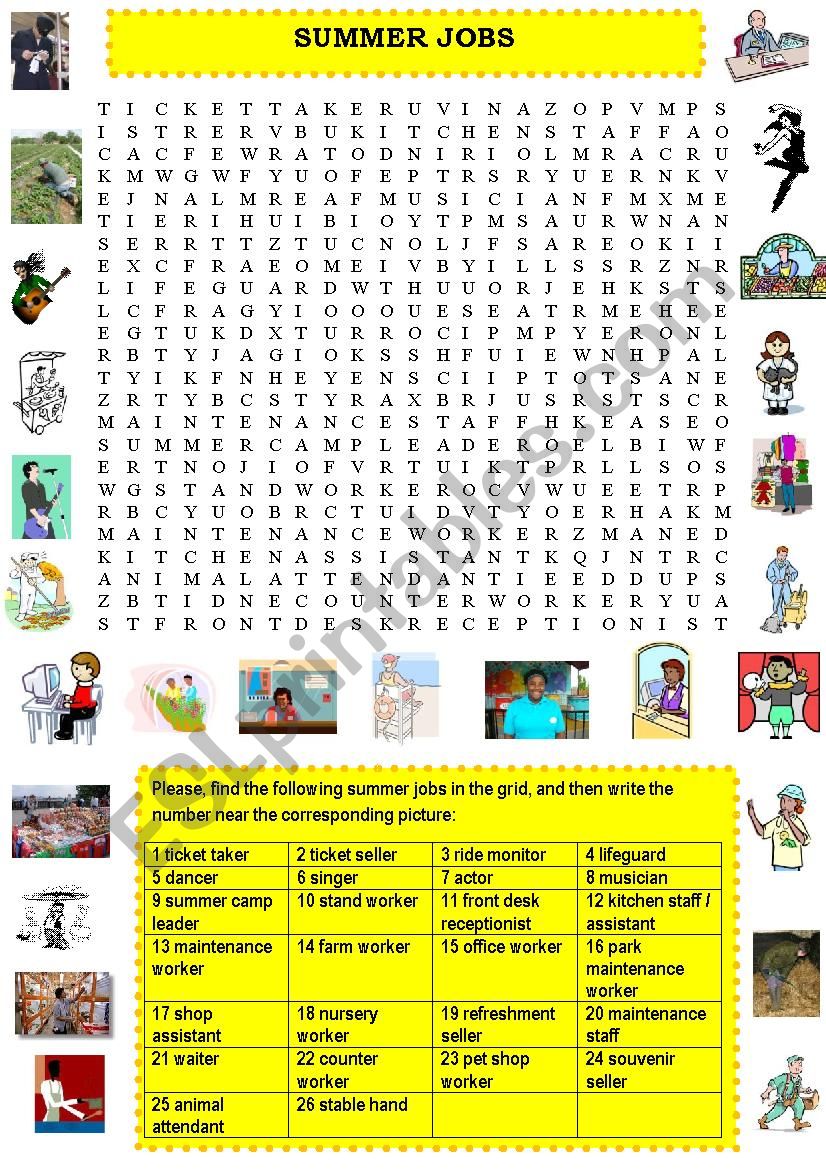 Summer jobs - wordsearch worksheet