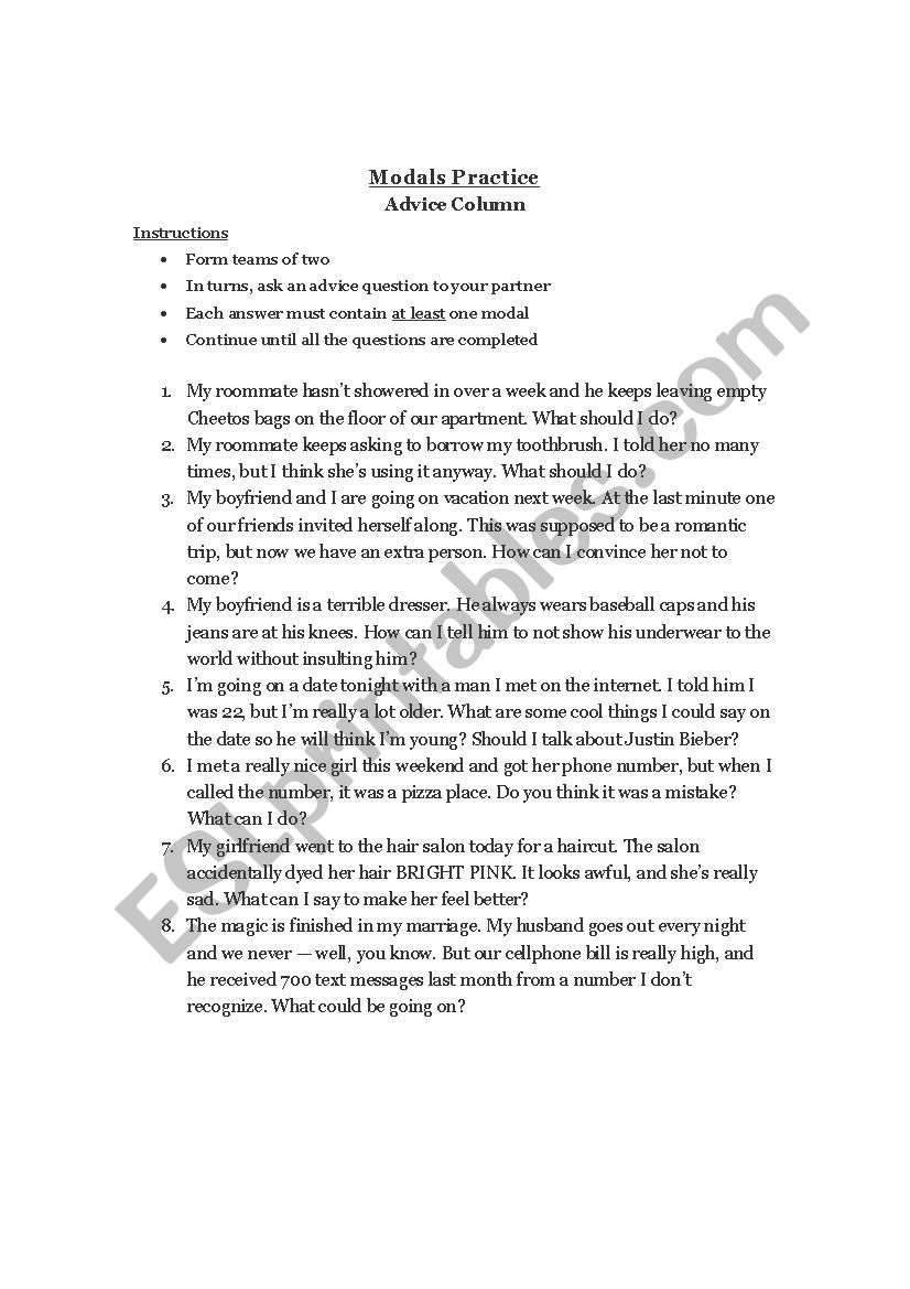 Modals Practice Advice Column worksheet