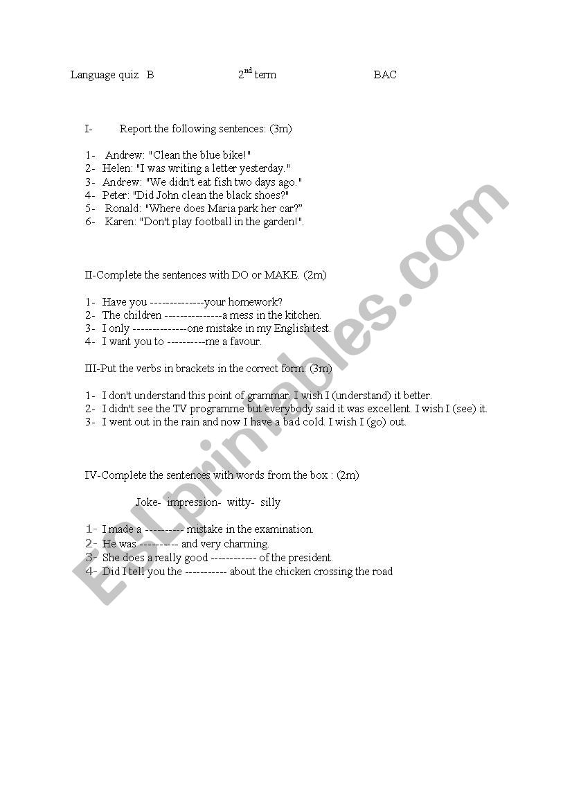 language quiz bac worksheet