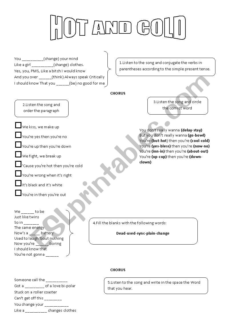 Hot and Cold song worksheet