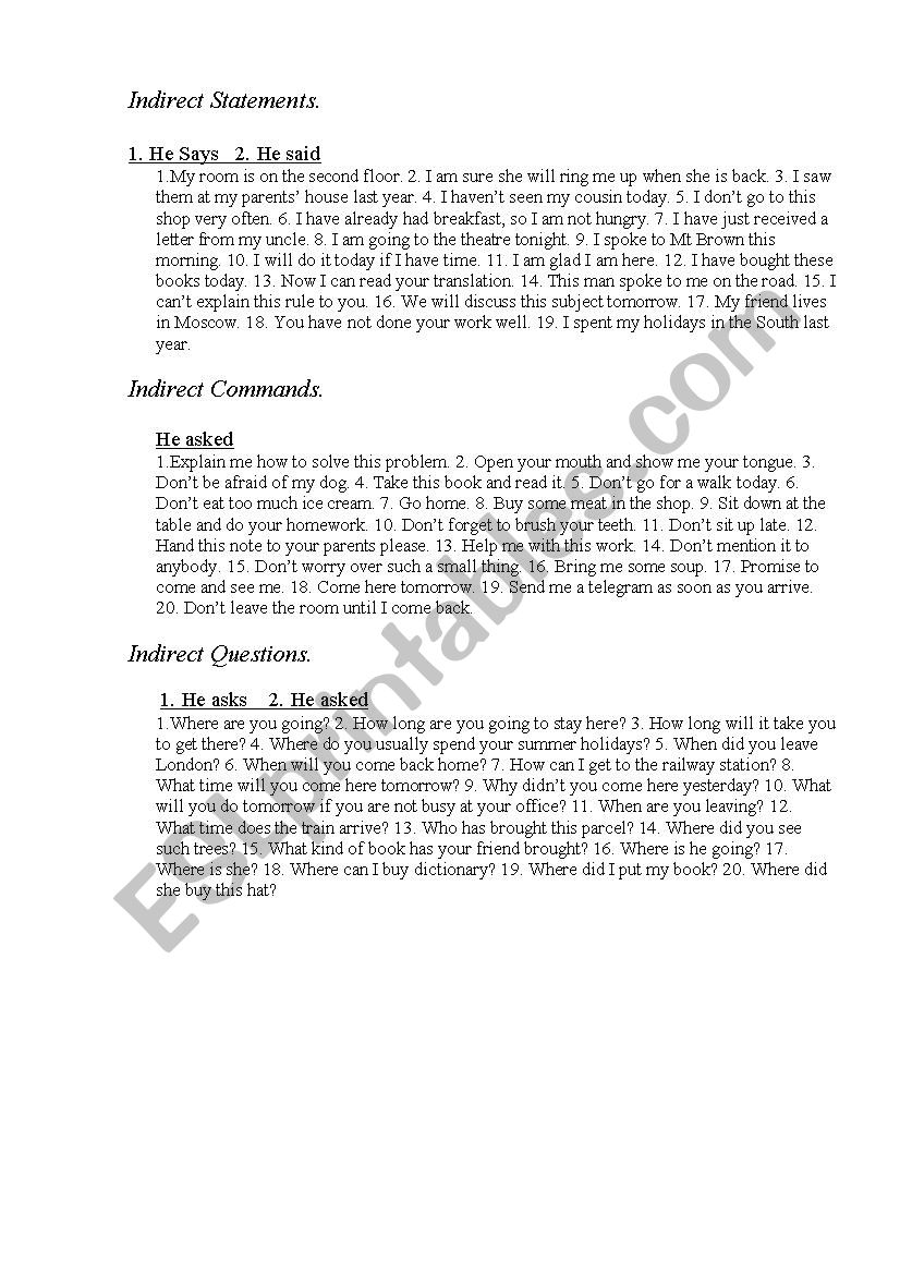 reported speech worksheet