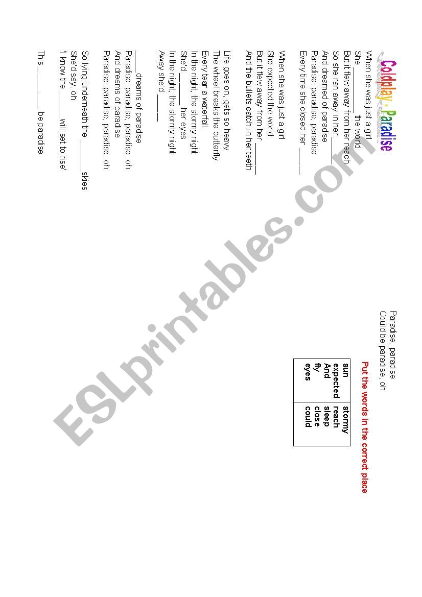 Coldplay-Paradise worksheet