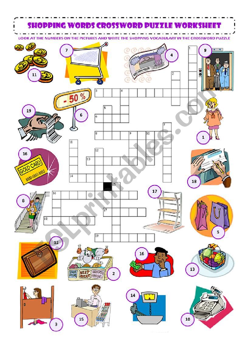 shopping words crossword worksheet