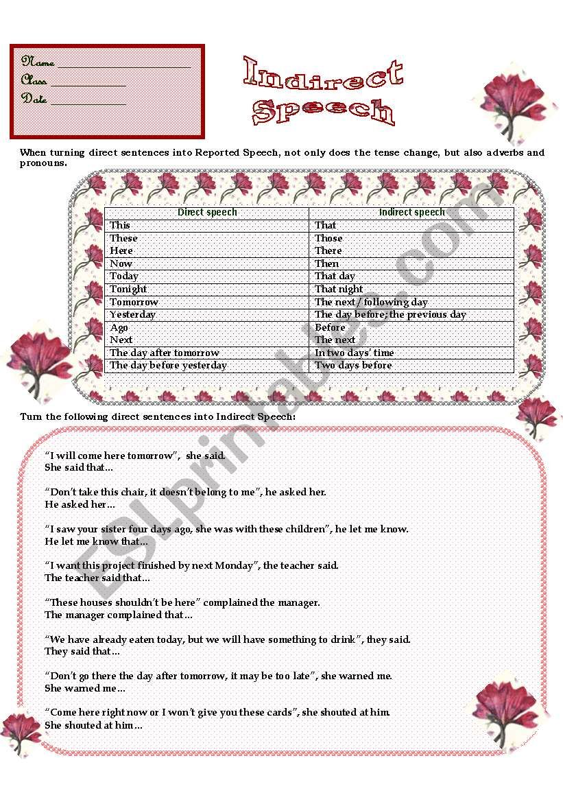 INDIRECT SPEECH worksheet