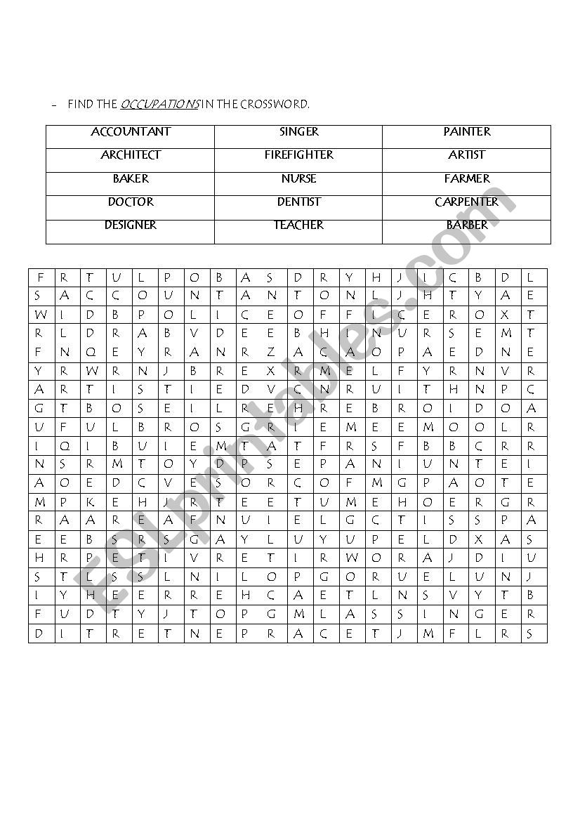 crossword occupations worksheet