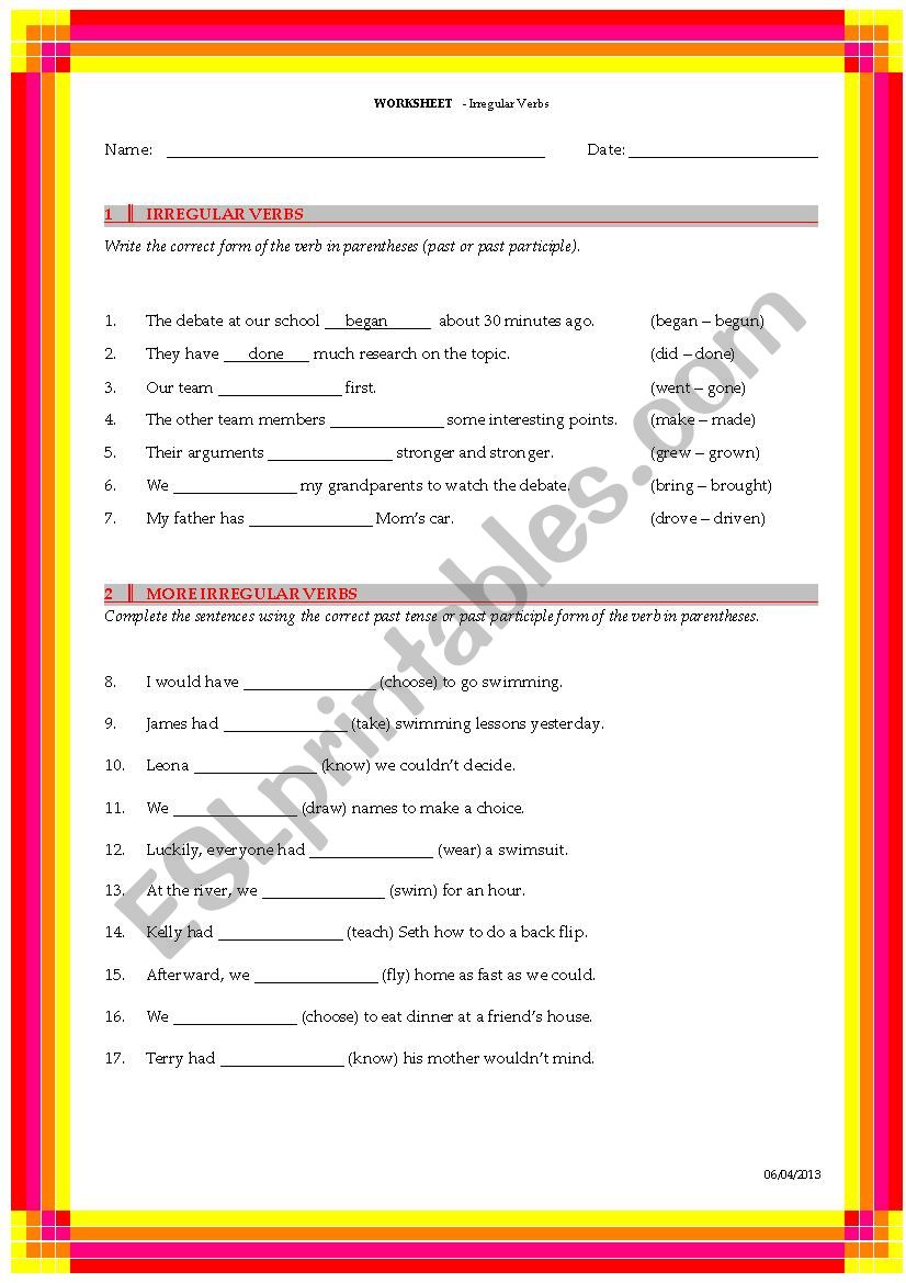 Irregular verbs worksheet