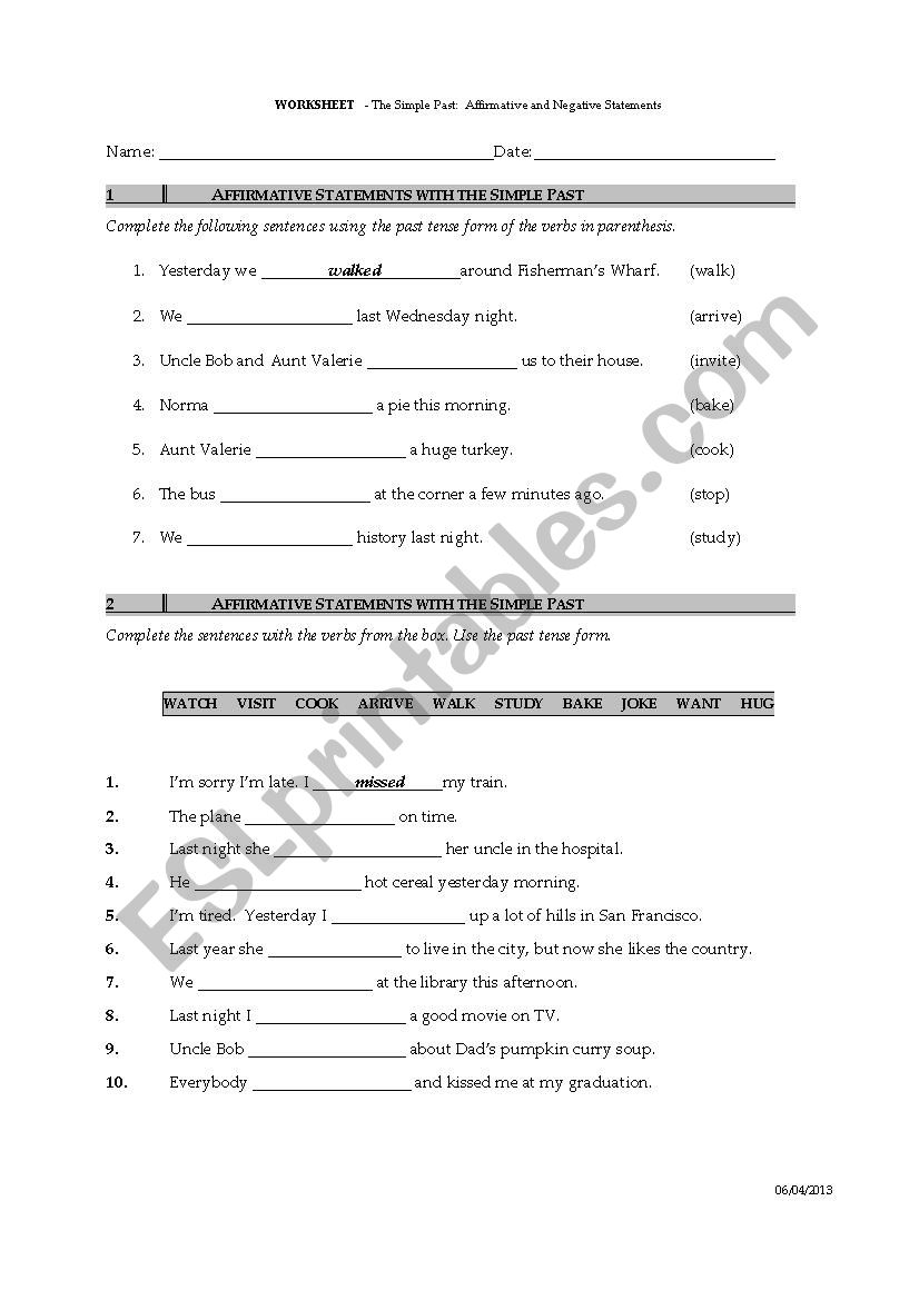 Negative form in the past worksheet