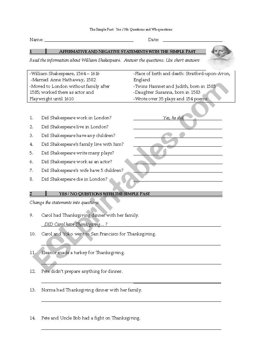 Past tense question form worksheet