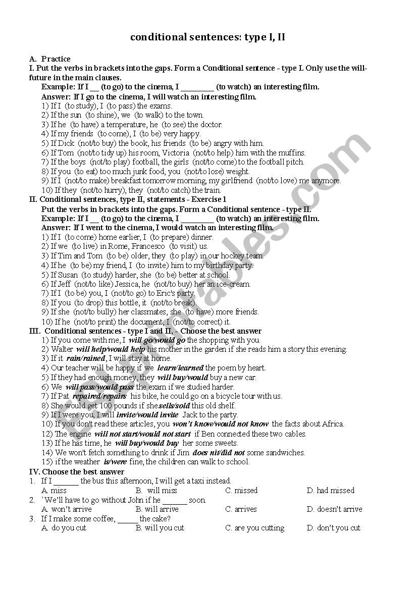 excercises of conditional sentences type i, II