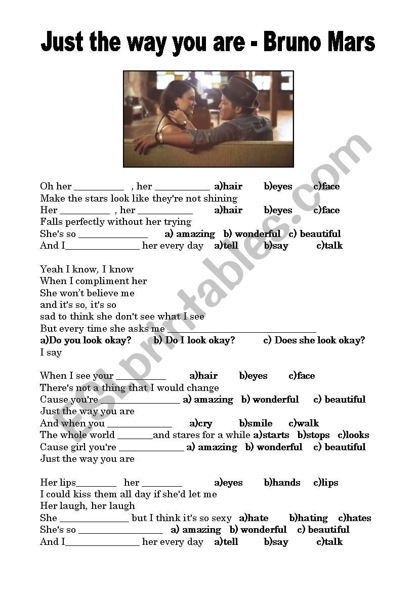 Just The Way You Are Bruno Mars Esl Worksheet By Eveab
