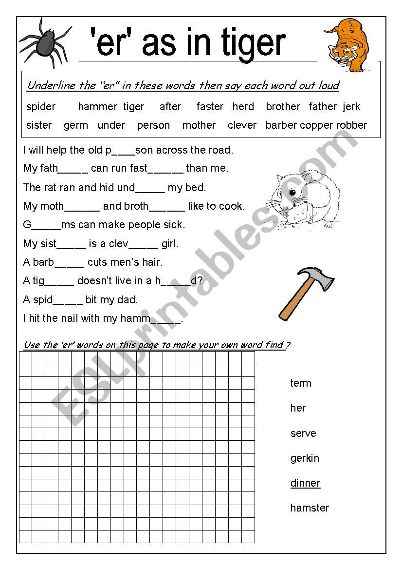 er as in Tiger worksheet