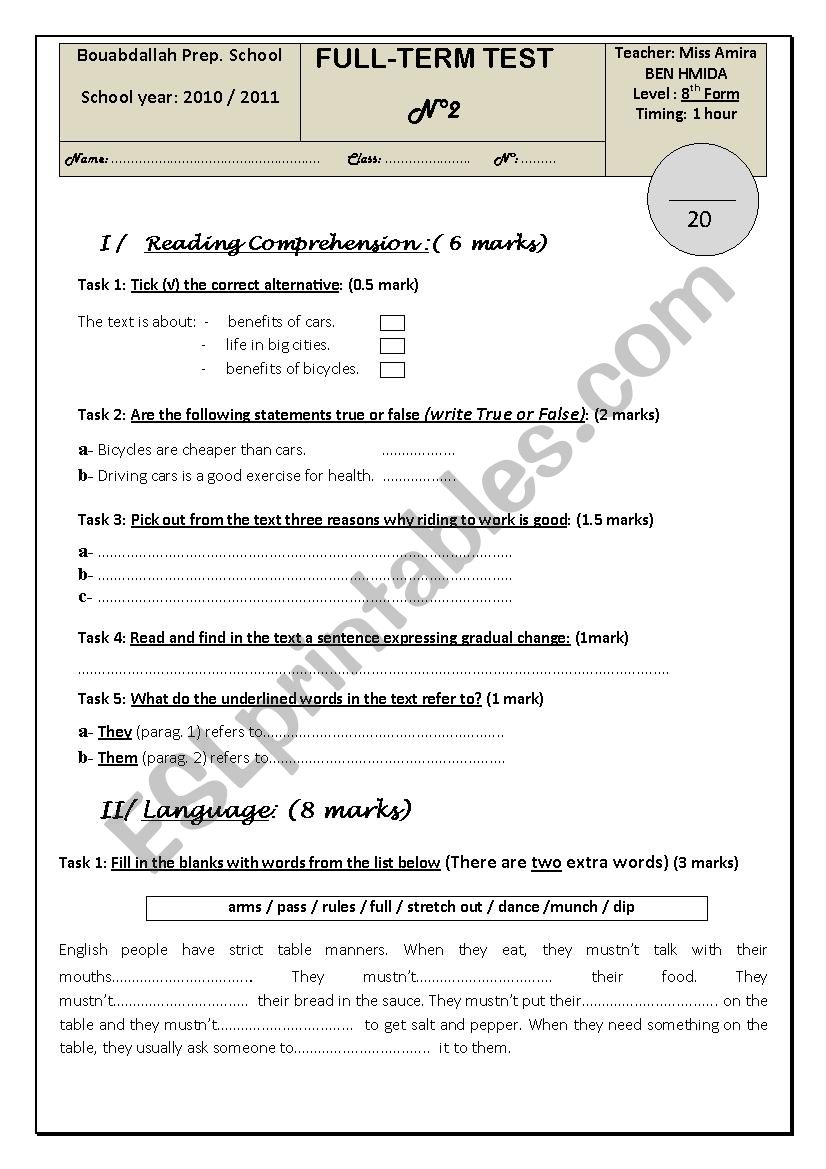 full term test N2 8TH form worksheet