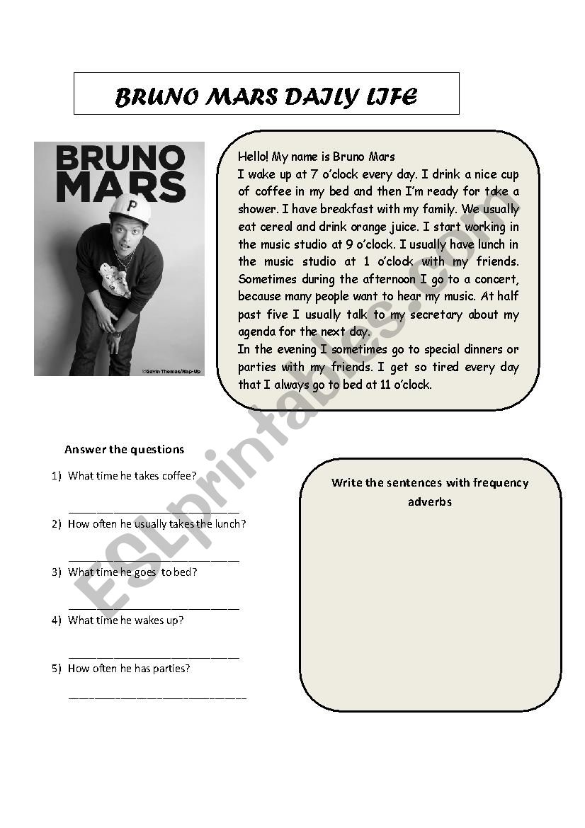 BRUNO MARS DAILY LIFE worksheet