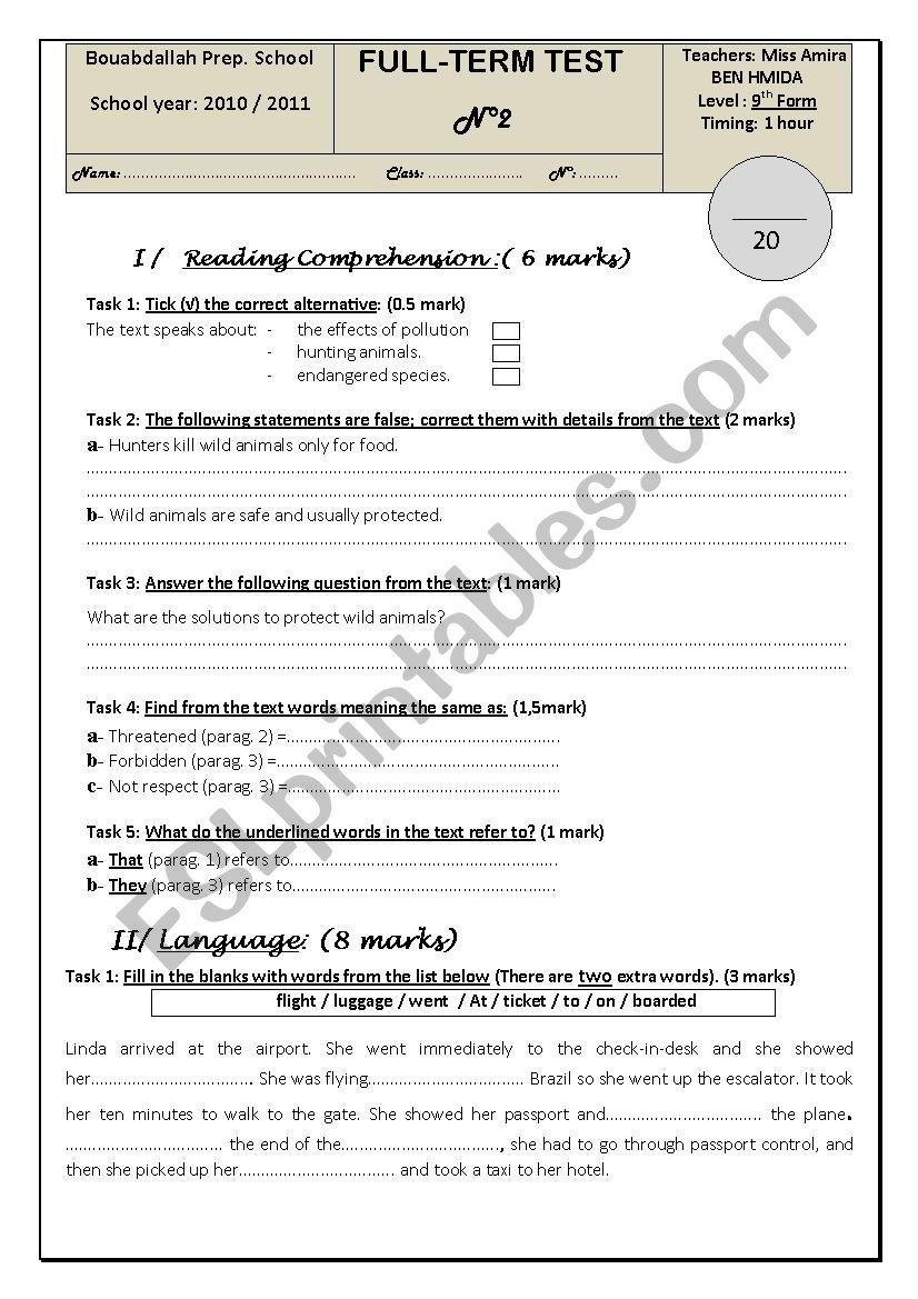 Full term test N2 9TH form worksheet