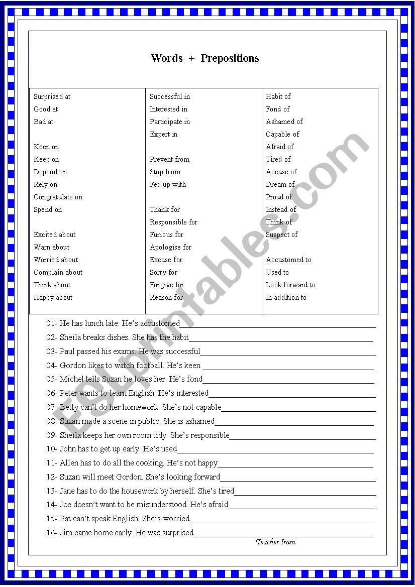 Words + prepositions worksheet