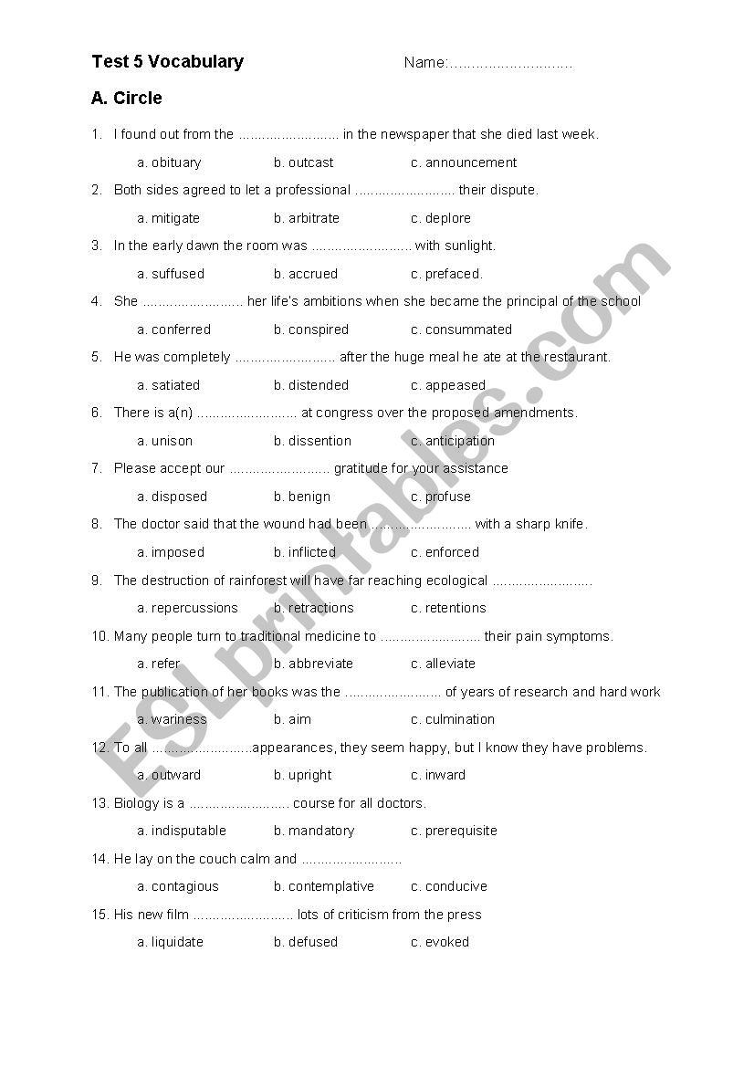 C2 Vocabulary Test 2 worksheet