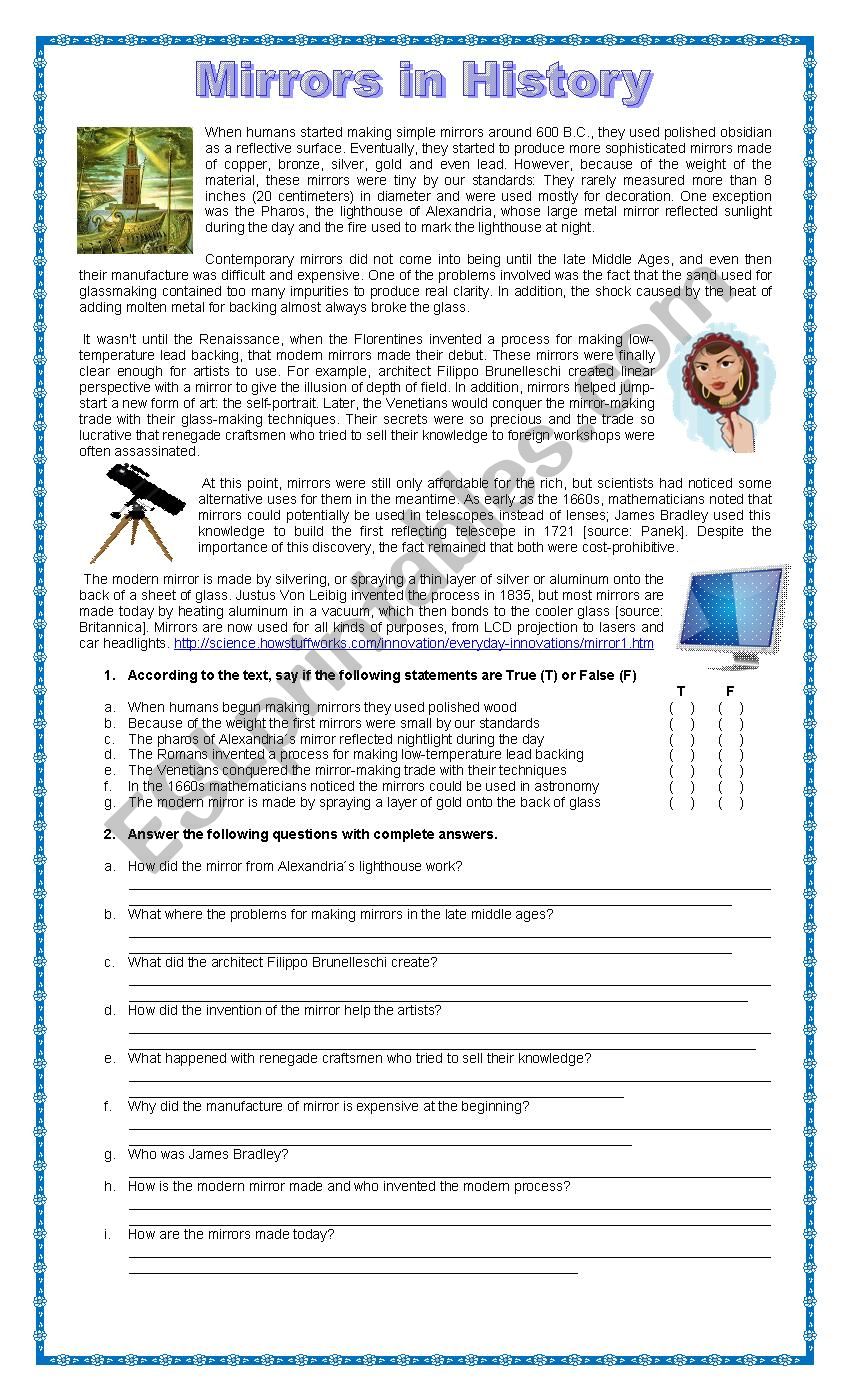 The History Of Mirrors worksheet