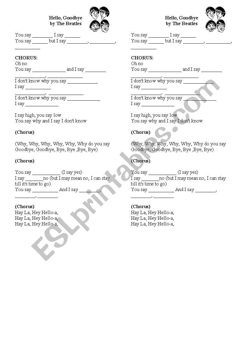 Song Yes Goodbye Beatles worksheet