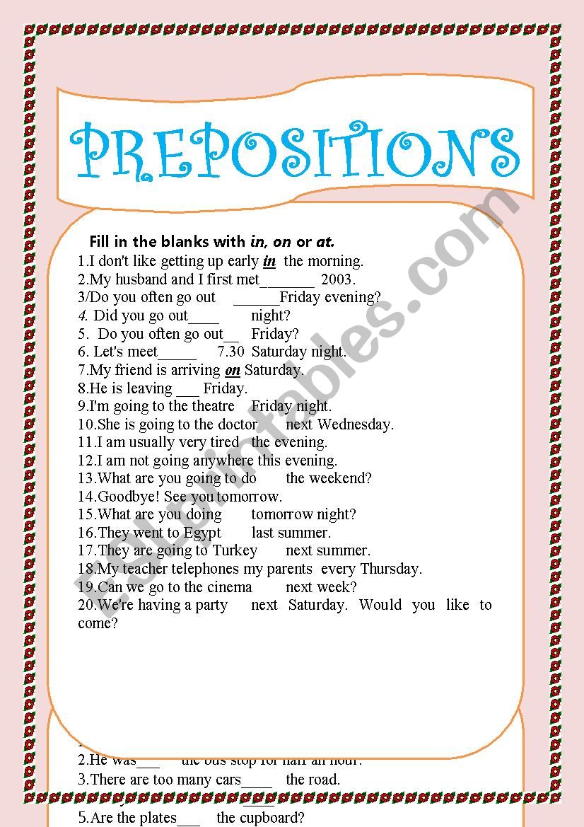 Prepositions worksheet